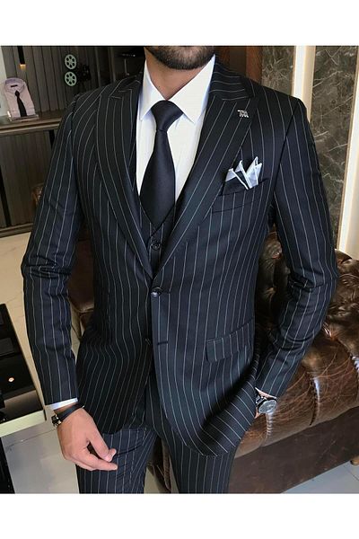TerziAdemAltun Italian style striped jacket vest pants suit Black T9928