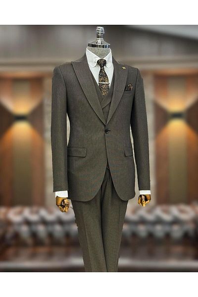 TerziAdemAltun Men's Slim Fit Italian Style Jacket Vest Pants Set - Brown T10786