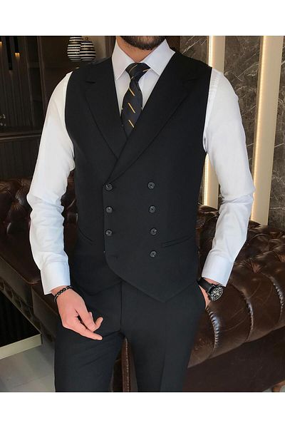 TerziAdemAltun Italian Style Slim Fit Men's Jacket Vest Pants Suit Black T9131