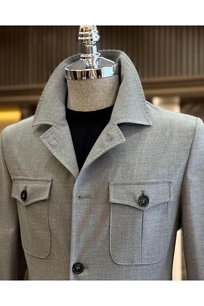 TerziAdemAltun Gray Slim Fit Italian Style Safari Jacket and Trousers Set - T11960