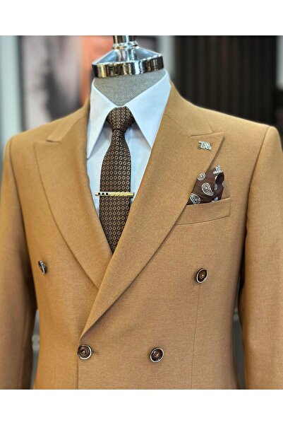 TerziAdemAltun İtalyan stil slim fit kruvaze ceket pantolon takım elbise camel T11360