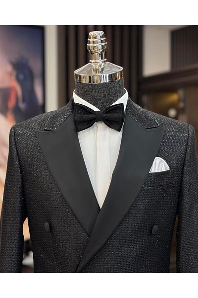 TerziAdemAltun Black Slim Fit Italian Style Groom Suit Set - Glittered Double Breasted Jacket and Pants T11568