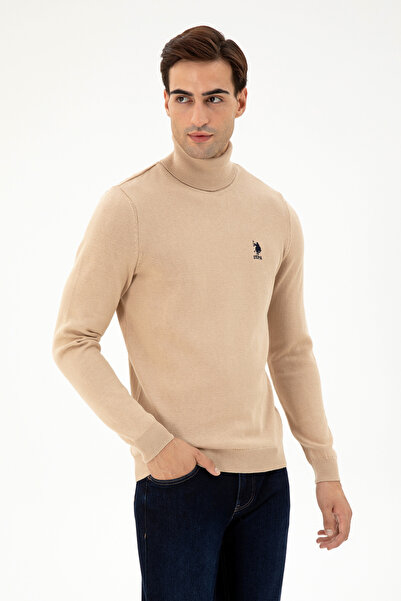 U.S. Polo Assn. Erkek Slim Fit Boğazlı Yaka Kum Melanj Basic Kazak 50293523-VR123