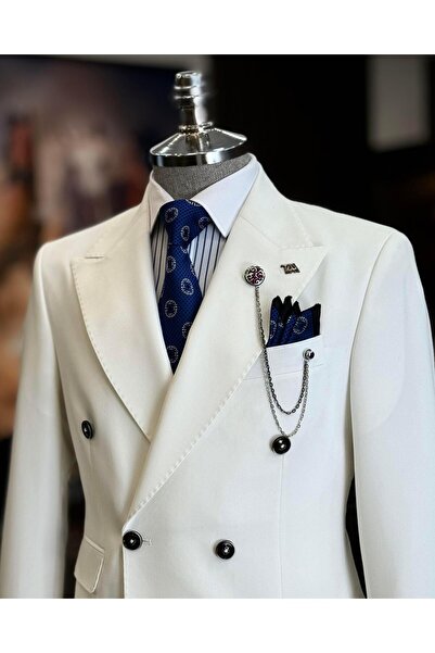 TerziAdemAltun White Slim Fit Italian Style Double Breasted Jacket and Pants Set - T12606