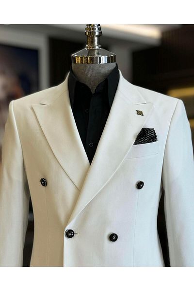 TerziAdemAltun طقم جاكيت وبنطلون مزدوج الصدر للرجال على الطراز الإيطالي Ecru Slim Fit - T12705