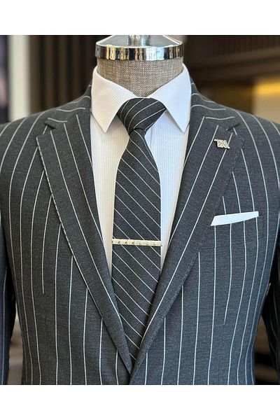 TerziAdemAltun Anthracite Italian Style Slim Fit Striped Jacket and Trousers Set - T11932