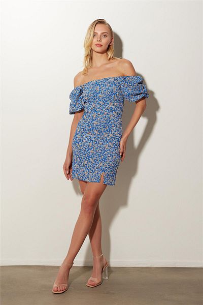 SHERIN Rochie mini slim cu mânecă cu balon cu flori albastre