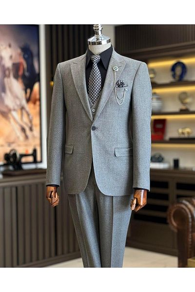 TerziAdemAltun Gray Italian Style Jacket Vest Trousers Set - T12879