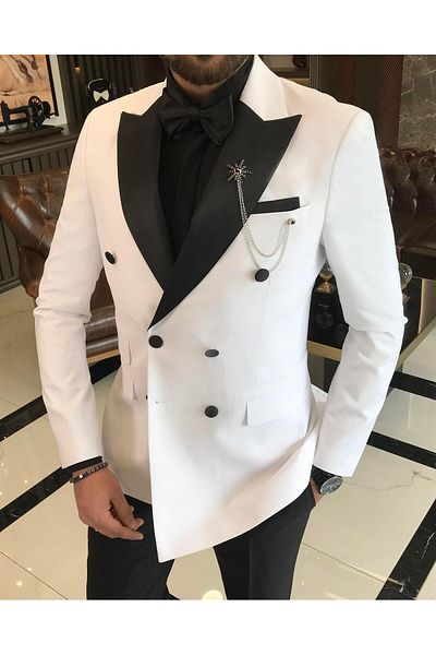 TerziAdemAltun Italian cut slim fit double breasted jacket pants groom suit set white T9212