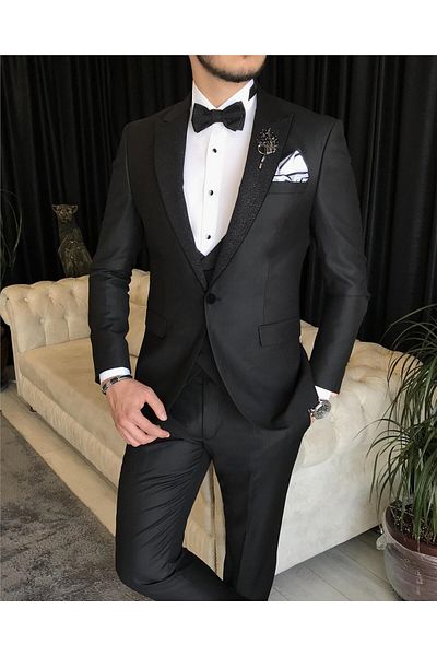 TerziAdemAltun Black Italian Cut Groom Suit Jacket and Vest Set - T7466