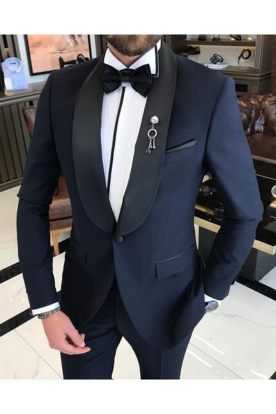 TerziAdemAltun Italian Cut Slim Fit Shawl Collar Jacket Pants Groom Suit Set Navy Blue T9182