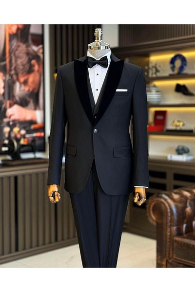 TerziAdemAltun Black Slim Fit Italian Cut Jacket and Vest Pants Set - Groom Suit T12309