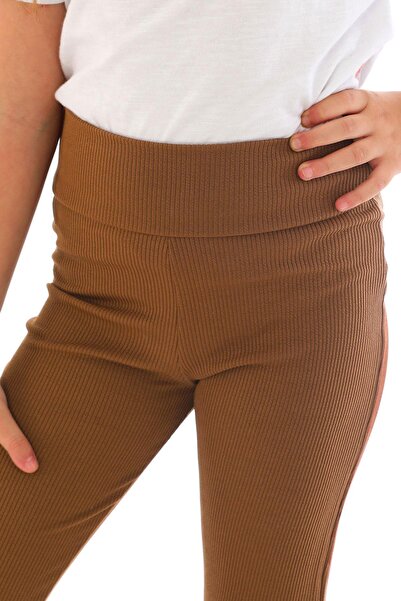 zepkids Κοριτσίστικο κολάν ψηλόμεσο πόδι με ραβδώσεις σε καφέ χρώμα