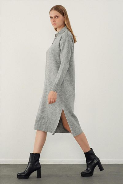 SHERIN Γκρι φόρεμα Polo Neck Basic Midi Knitwear