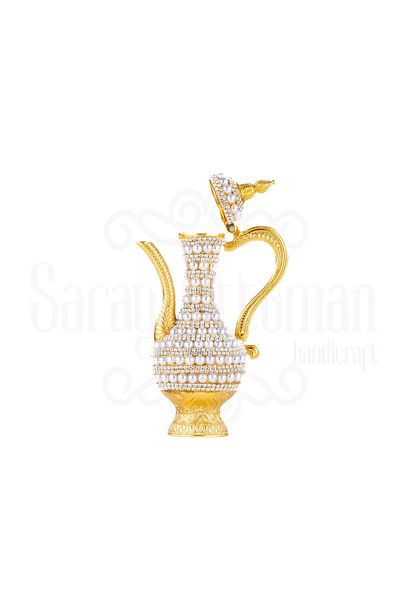 Saray Ottoman handicraft Golden Zemzem Ibrik - Decorative Gift Telcar with Pearls and Stones