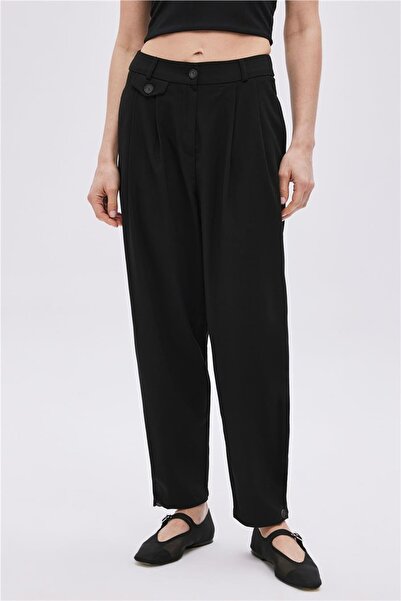 SHERIN Black Button Detailed High Waist Trousers