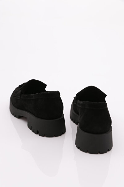 DGN Kadın Kalın Taban Püsküllü Loafer Ayakkabı Siyah Süet 3951841