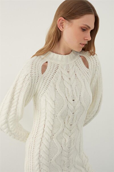 SHERIN Ecru Window Detailed High Collar Mini Knitwear Dress