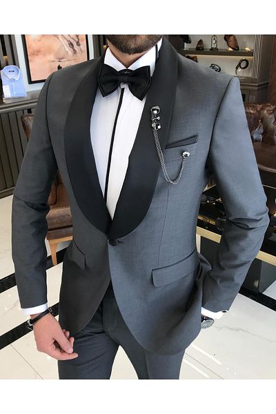 TerziAdemAltun Italian Cut Slim Fit Shawl Collar Jacket Trousers Groom Suit Set Anthracite T9180