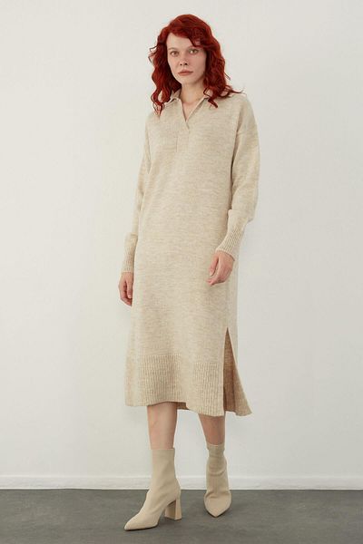 SHERIN Μπεζ φόρεμα Polo Neck Basic Midi Knitwear