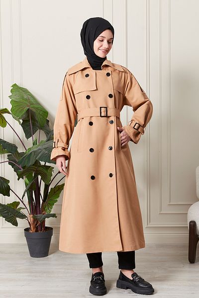Aranlı tekstil Apolet Detailed Waterproof Fabric Belted Intermediate Women's Trench Coat