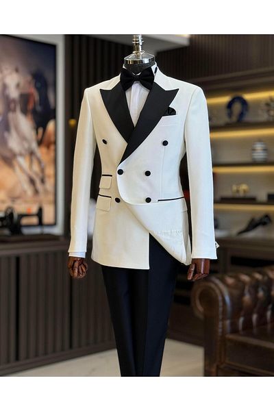 TerziAdemAltun Ecru Slim Fit Italian Cut Double Breasted Jacket and Trousers Set - Groom Suit T12219