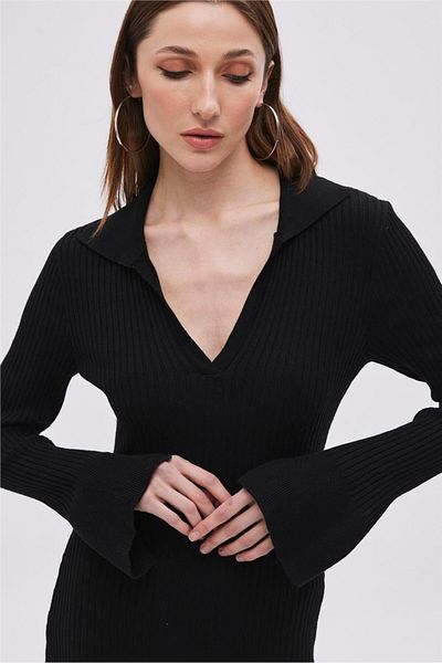 SHERIN Black Polo Collar Long Knitwear Dress