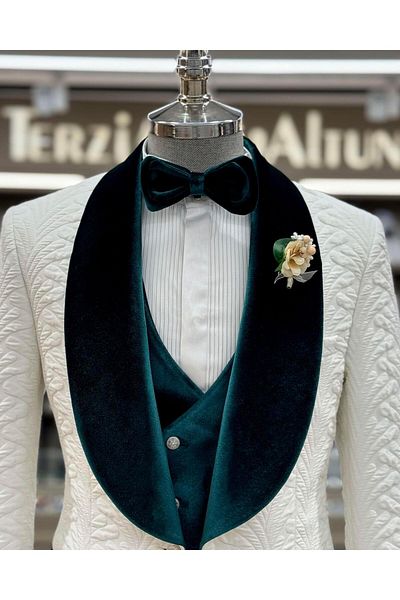 TerziAdemAltun White Italian Cut Groom Suit Set - Jacket, Vest and Trousers T12072