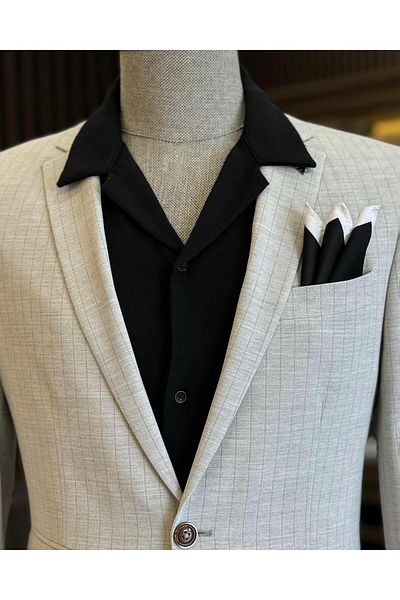 TerziAdemAltun Italian Style - Slim Fit Striped Jacket and Tie-Up Waist Trousers Set Gray T11812