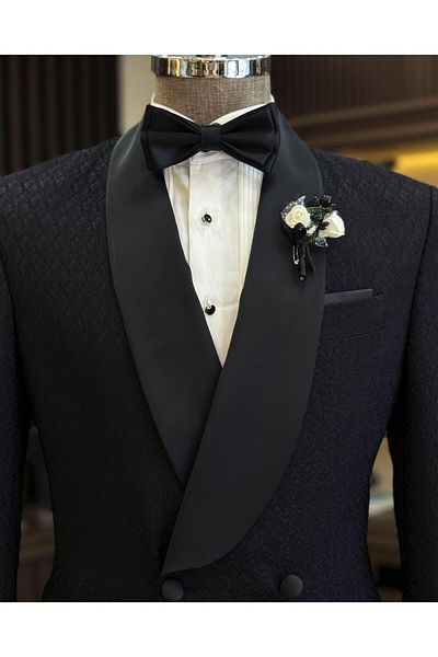 TerziAdemAltun Black Slim Fit Shawl Collar Double Breasted Jacket and Trousers Set - Groom Suit T12030