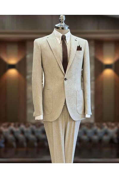 TerziAdemAltun Beige Slim FiT ITalian STyle Mono Collar JackeT and Trousers SeT - T11543