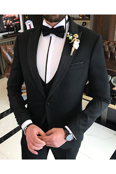 TerziAdemAltun Italian Cut Jacket Vest Pants Groom Suit Set Black T8121