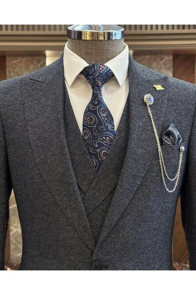 TerziAdemAltun Navy Blue Slim Fit Italian Style Men's Suit - Jacket, Vest, Trousers T11213