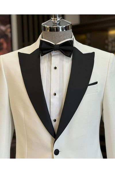 TerziAdemAltun Ecru Slim Fit Italian Cut Pointed Collar Jacket and Trousers Set - T12221