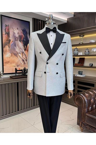 TerziAdemAltun Italian style slim fit glitter double-breasted jacket pants groom suit set gray T11569