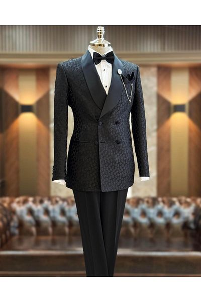 TerziAdemAltun Black Slim Fit Shawl Collar Double Breasted Jacket and Pants Set - T11795