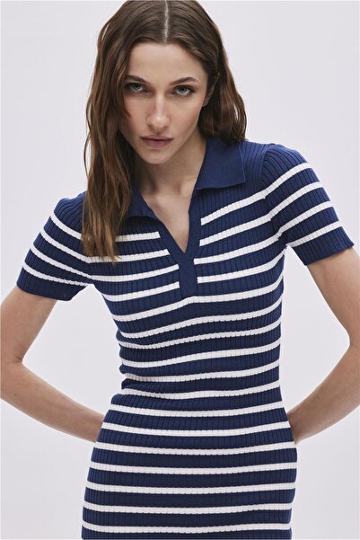 SHERIN Navy Blue Polo Collar Striped Knitwear Dress