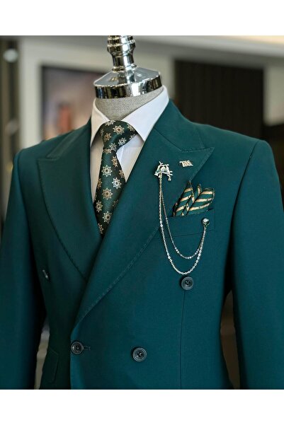 TerziAdemAltun İtalyan stil slim fit kruvaze ceket pantolon takım elbise yeşil T12593