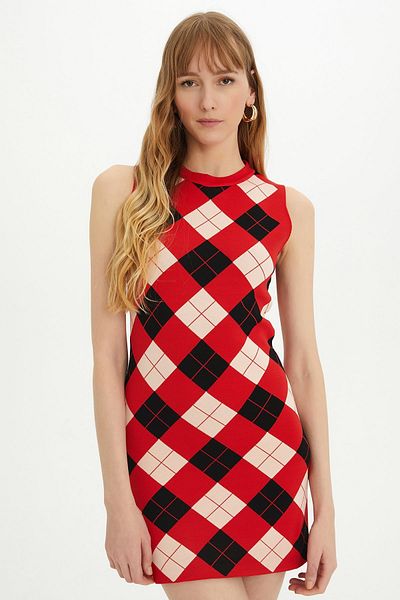 SHERIN Red Diamond Patterned Sleeveless Knitwear Dress