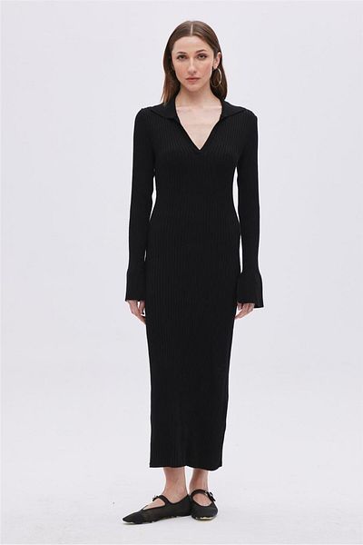 SHERIN Black Polo Collar Long Knitwear Dress
