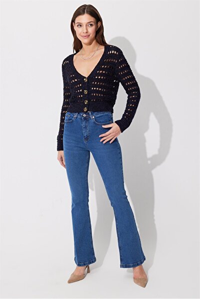 SHERIN Синій V-подібний виріз з ажурною кофта