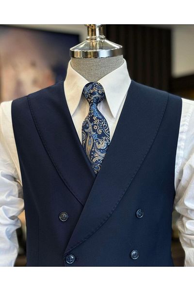 TerziAdemAltun Men's Navy Blue Vest and Trousers Set - Italian Style T12201