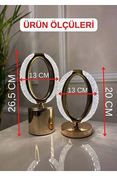 PİNK İTHALAT Dekoratif Kristal Şarjlı Oval Masa Lambası, Gold Led Abajur Ikili Set, Dokunmatik 3 Renk Modu