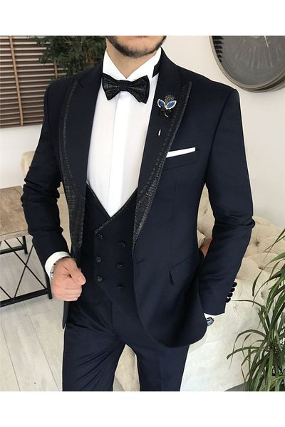 TerziAdemAltun Italian Cut Jacket Vest Trousers Groom Suit Set Navy Blue T8123