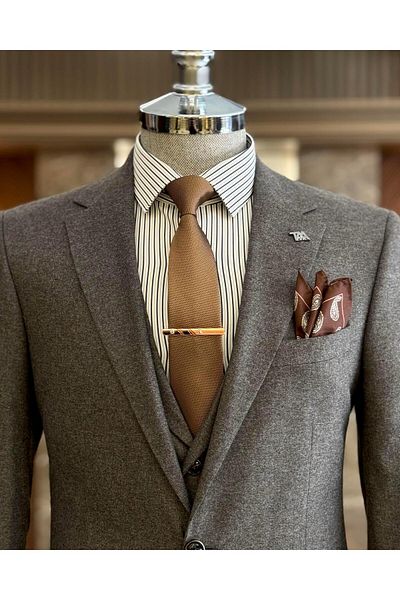 TerziAdemAltun Brown Italian Style Pleated Jacket and Vest Set - T11330