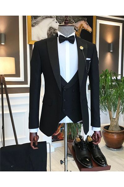 TerziAdemAltun Italian Cut Men's Jacket Vest Pants Groom Suit Set Black T6313