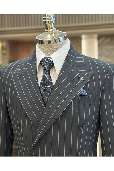 TerziAdemAltun Navy Blue Slim Fit Striped Double Breasted Jacket and Trousers Set - T11938