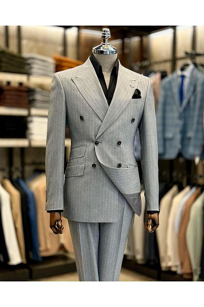TerziAdemAltun Gray Italian Style Slim Fit Striped Double Breasted Jacket and Pants Set - T12582