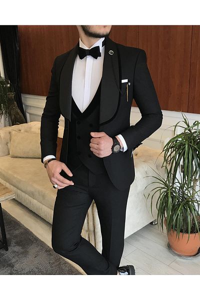 TerziAdemAltun Italian Cut Jacket Vest Pants Groom Suit Set Black T7165
