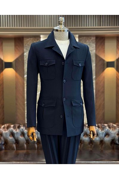 TerziAdemAltun Navy Blue Slim Fit Safari Jacket and Trousers Set - T11958